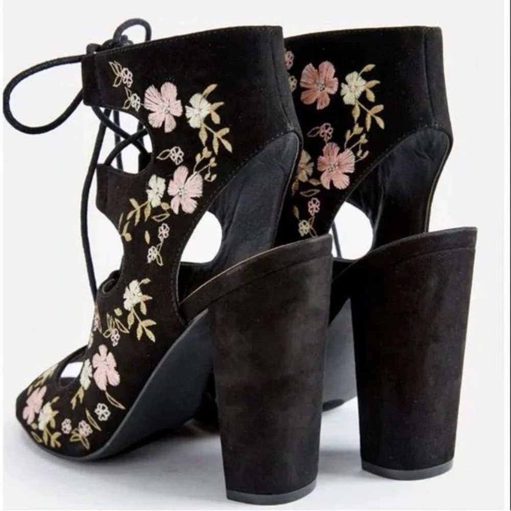 JustFab Black Floral Lace-Up Heels 5” - Picture 2 of 12